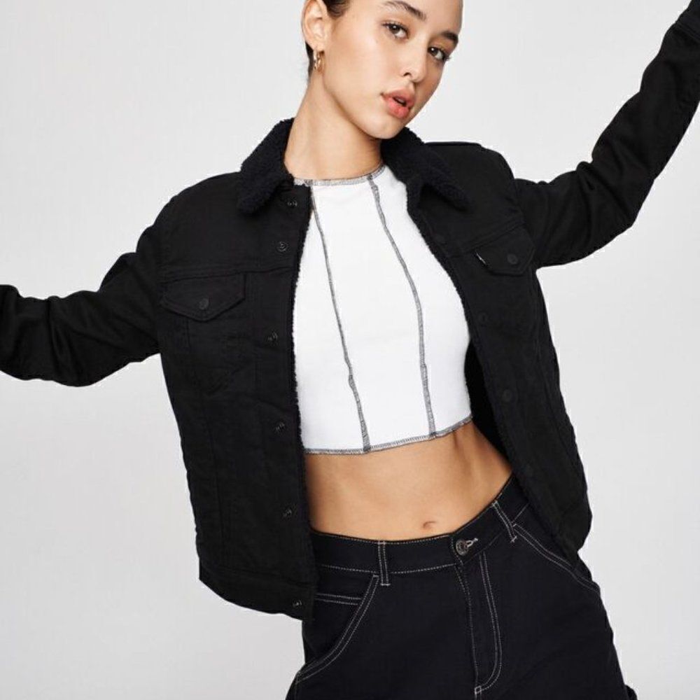 Levi's Ex-Boyfriend Trucker Sherpa Black Jean Jacket Sz S